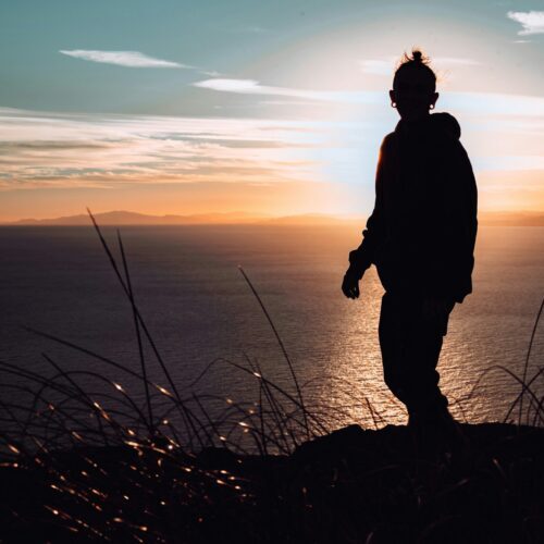 silhouette of man standing on hill during sunset